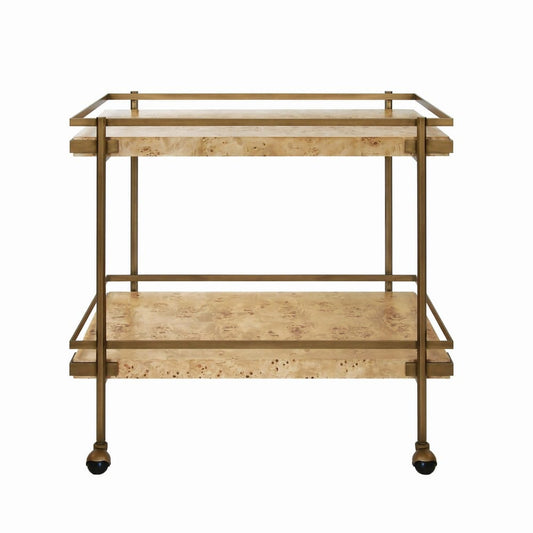 Worlds Away - Antique Brass Bar Cart With Shelves In Burl Wood - CASH BW view 2