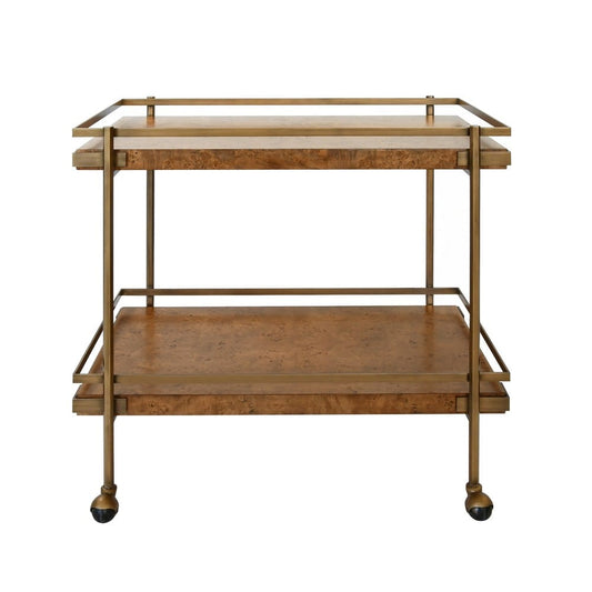 Worlds Away - Antique Brass Bar Cart With Shelves In Dark Burl Wood - CASH DBW view 2