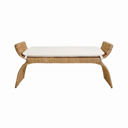 Worlds Away - Arched Bench In Woven Water Hyacinth With Performance Ivory Linen Cushion - SACHI view 2