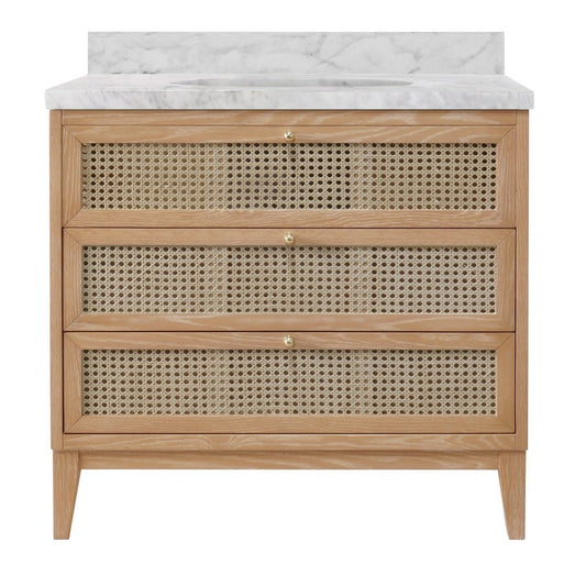 Worlds Away - Bath Vanity In Cerused Oak With Cane Front Drawers, White Marble Top, And Porcelain Sink - WYNN CO view 2
