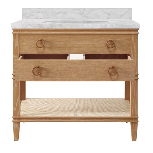 Worlds Away - Bath Vanity In Cerused Oak With Open Cane Shelf, White Marble Top, Porcelain Sink, And Antique Brass Ring Hardware - Brown - CUTLER CO view 2