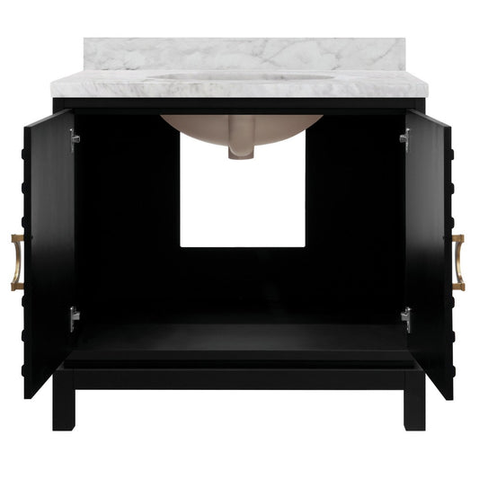 Worlds Away - Bath Vanity In Matte Black Lacquer With Antique Brass Circle Hardware, White Marble Top, And Porcelain Sink - BIXBY BLK view 2