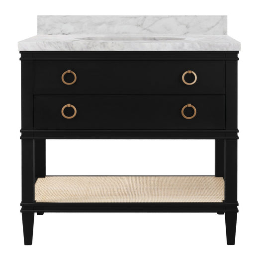 Worlds Away - Bath Vanity In Matte Black Lacquer With Open Cane Shelf, White Marble Top, Porcelain Sink, And Antique Brass Ring Hardware - CUTLER BLK view 2