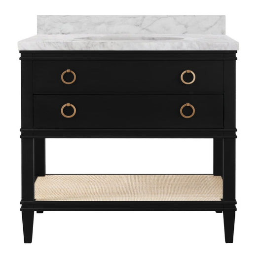 Worlds Away - Bath Vanity In Matte Black Lacquer With Open Cane Shelf, White Marble Top, Porcelain Sink, And Antique Brass Ring Hardware - CUTLER BLK view 2