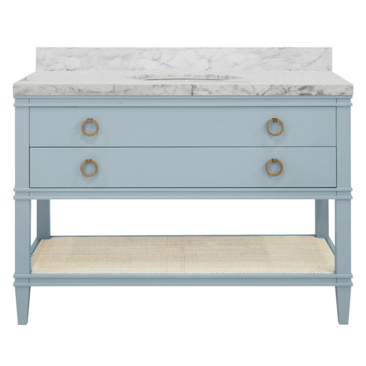 Worlds Away - Bath Vanity In Matte Light Blue Lacquer With Open Cane Shelf, White Marble Top, Porcelain Sink, And Antique Brass Ring Hardware, 48" Wide - CUTLER 48 LB view 2