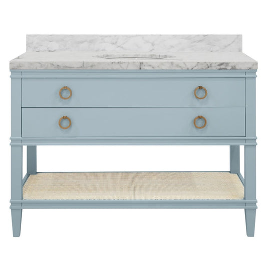 Worlds Away - Bath Vanity In Matte Light Blue Lacquer With Open Cane Shelf, White Marble Top, Porcelain Sink, And Antique Brass Ring Hardware, 48" Wide - CUTLER 48 LB view 2