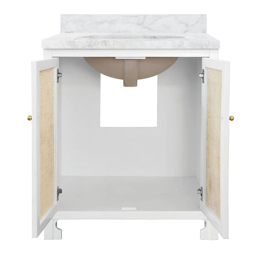 Worlds Away - Bath Vanity In Matte White Lacquer With Cane Front Doors, White Marble Top, And Porcelain Sink - BOYD WH view 2