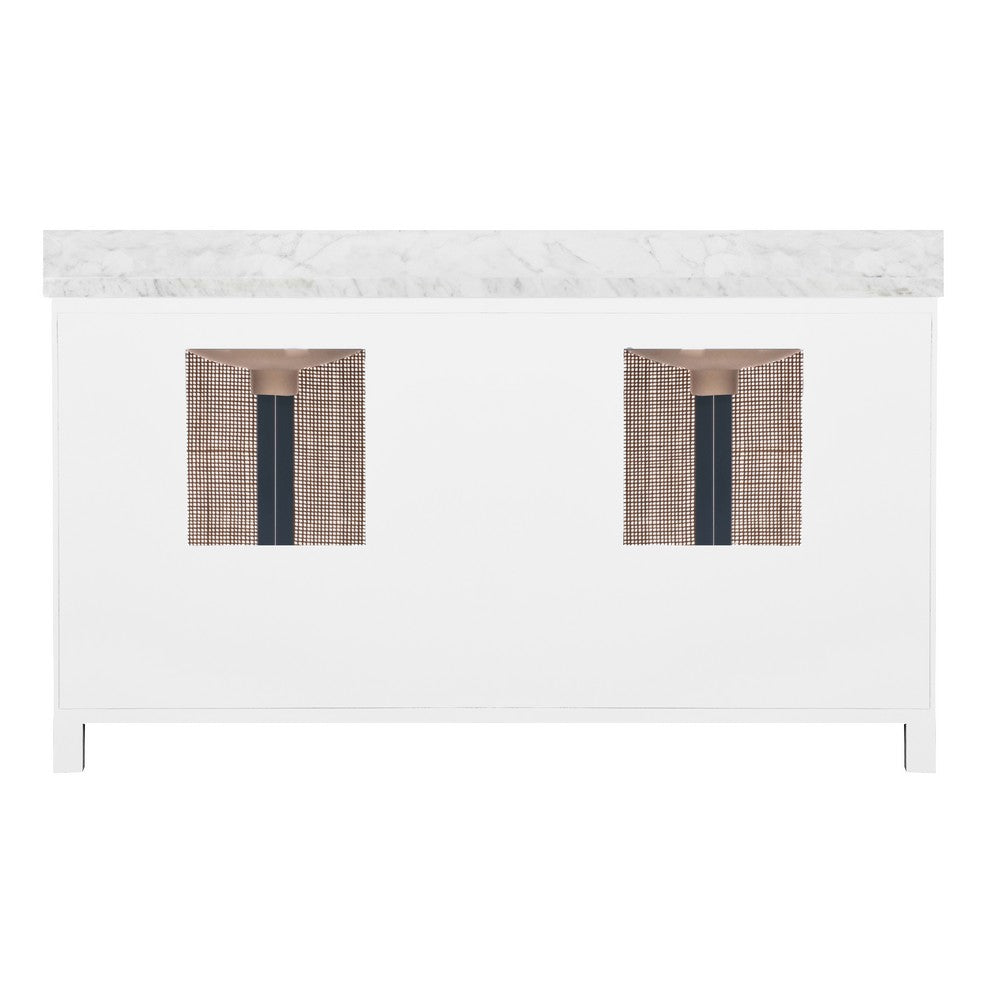 Worlds Away - Bath Vanity In Matte White Lacquer With Cane Front Doors, White Marble Top, Double Porcelain Sinks, And Polished Brass Knobs, 60" Wide - BOYD 60 WH view 3