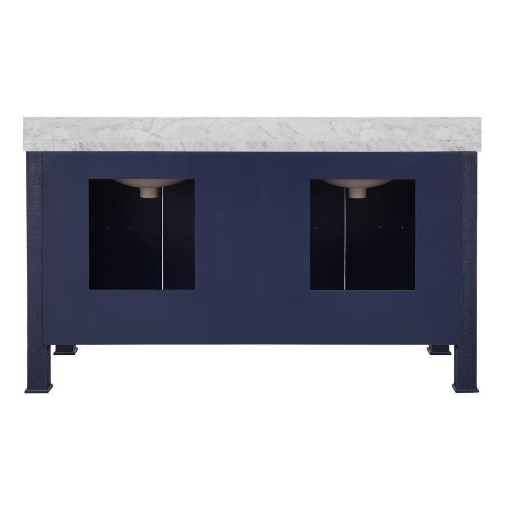 Worlds Away - Bath Vanity In Textured Navy Linen W/ Ant. Brass Hardware, White Marble Top, And Double Porcelain Sinks, 60" Wide - BLANCHE 60 NVY view 3