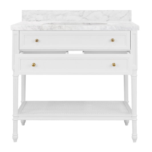 Worlds Away - Bath Vanity With Fluted Leg And Open Cane Shelf, One Opening Drawer (Bottom) With Painted Grasscloth Detail And Brass Ball Hardware In Matte White Lacquer - MARTHA WH view 2