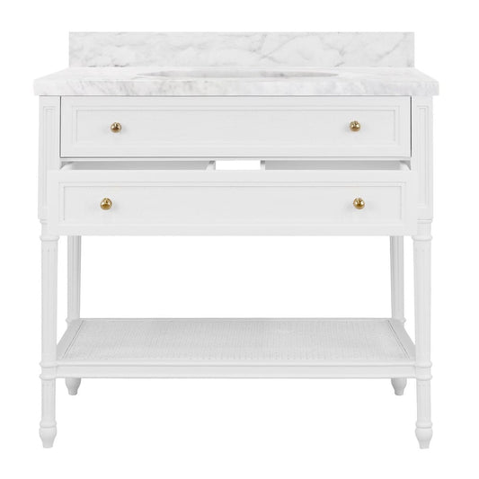 Worlds Away - Bath Vanity With Fluted Leg And Open Cane Shelf, One Opening Drawer (Bottom) With Painted Grasscloth Detail And Brass Ball Hardware In Matte White Lacquer - MARTHA WH view 2