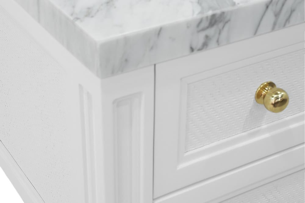 Worlds Away - Bath Vanity With Fluted Leg And Open Cane Shelf, One Opening Drawer (Bottom) With Painted Grasscloth Detail And Brass Ball Hardware In Matte White Lacquer - MARTHA WH view 5