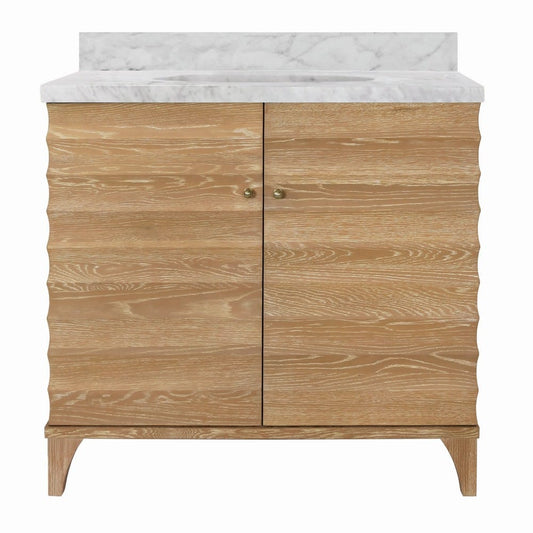 Worlds Away - Bath Vanity With Horizontal Fluted Detail In Cerused Oak With White Marble Top, Porcelain Sink, And Polished Brass Knobs - RHODES CO view 2