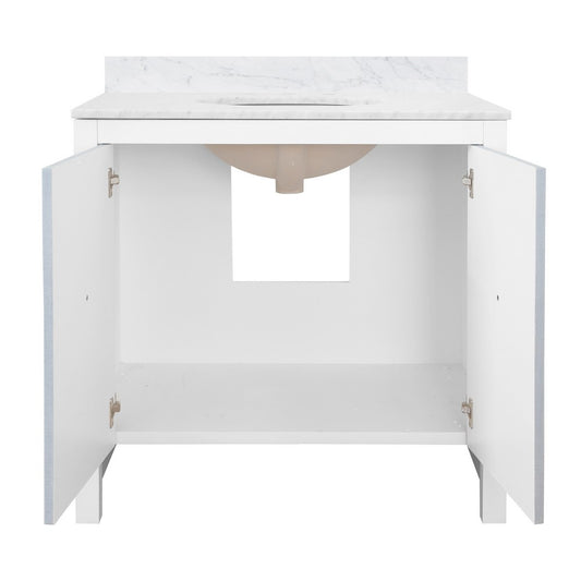 Worlds Away - Bath Vanity With Textured Light Blue Linen Doors, Matte White Lacquer Surround, Ant Brass Hardware, White Marble Top, And Porcelain Sink - APRIL LB view 2