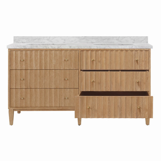 Worlds Away - Bath Vanity With Vertical Fluted Detail On Drawers In Cerused Oak With White Marble Top, Double Porcelain Sinks, And Polished Brass Knobs, 60" Wide - ODIN 60 CO view 2