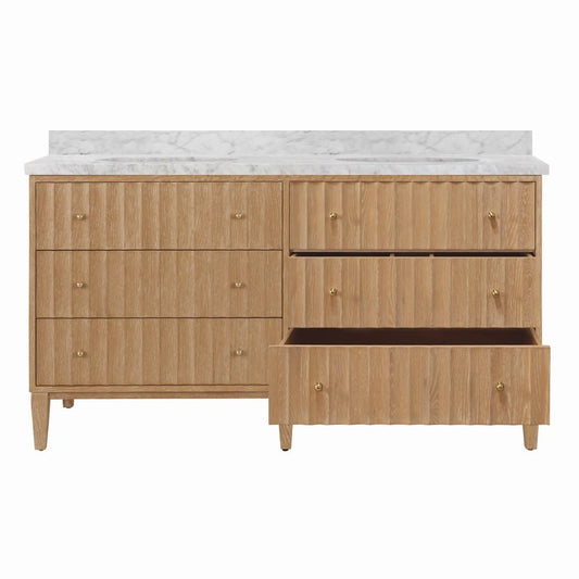 Worlds Away - Bath Vanity With Vertical Fluted Detail On Drawers In Cerused Oak With White Marble Top, Double Porcelain Sinks, And Polished Brass Knobs, 60" Wide - ODIN 60 CO view 2
