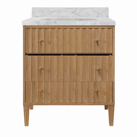 Worlds Away - Bath Vanity With Vertical Fluted Detail On Drawers In Cerused Oak With White Marble Top, Porcelain Sink, And Polished Brass Knobs - ODIN CO view 2