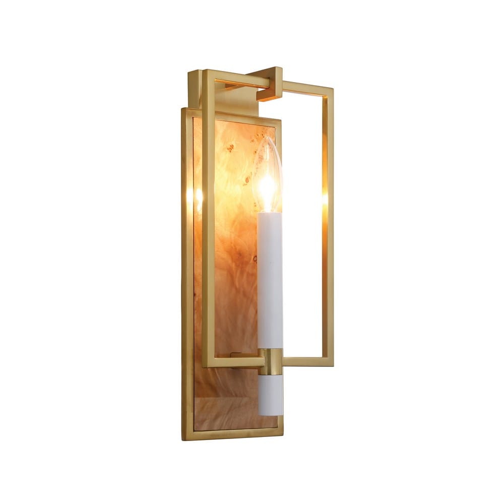 Worlds Away - Candlestick Sconce With Rectangular Burl Wood Backplate And Open Brushed Brass Rectangle Frame - TAURUS BW view 3