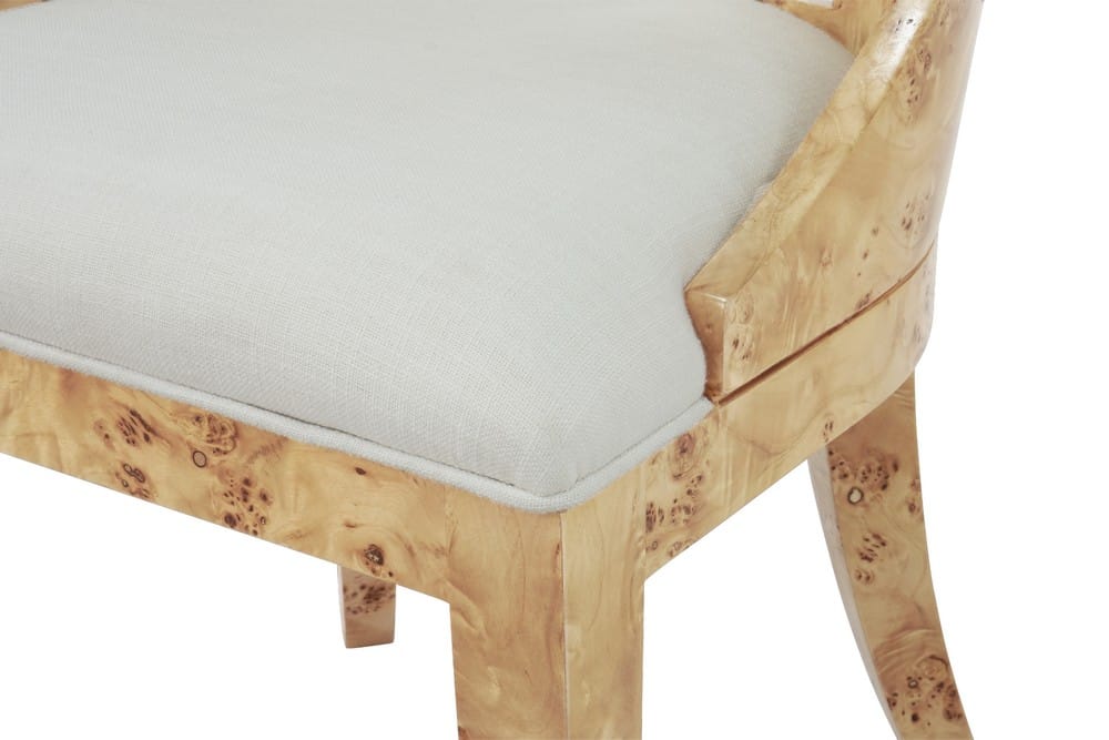 Worlds Away - Curved Back Wooden Dining Chair In Burl Wood With Performance White Linen Upholstery - RAFFERTY BW view 5