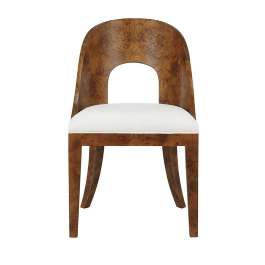 Worlds Away - Curved Back Wooden Dining Chair In Dark Burl Wood With Performance White Linen Upholstery - RAFFERTY DBW view 2