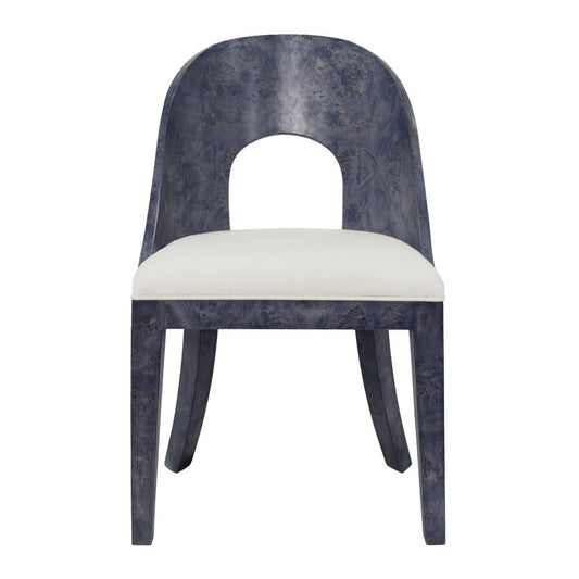 Worlds Away - Curved Back Wooden Dining Chair In Navy Burl Wood With Permormance White Linen Upholstery - RAFFERTY NVYBW view 2