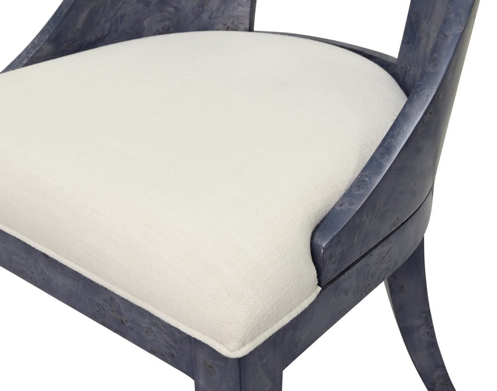 Worlds Away - Curved Back Wooden Dining Chair In Navy Burl Wood With Permormance White Linen Upholstery - RAFFERTY NVYBW view 3
