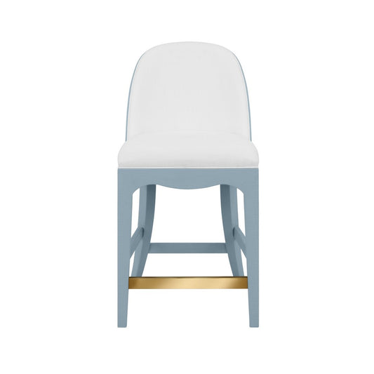 Worlds Away - Curved Counter Stool With Satin Brass Ring Hardware On Back In Performance White Linen Upholstery And Textured Light Blue Linen Frame - SADIE CS LB view 2