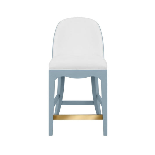Worlds Away - Curved Counter Stool With Satin Brass Ring Hardware On Back In Performance White Linen Upholstery And Textured Light Blue Linen Frame - SADIE CS LB view 2
