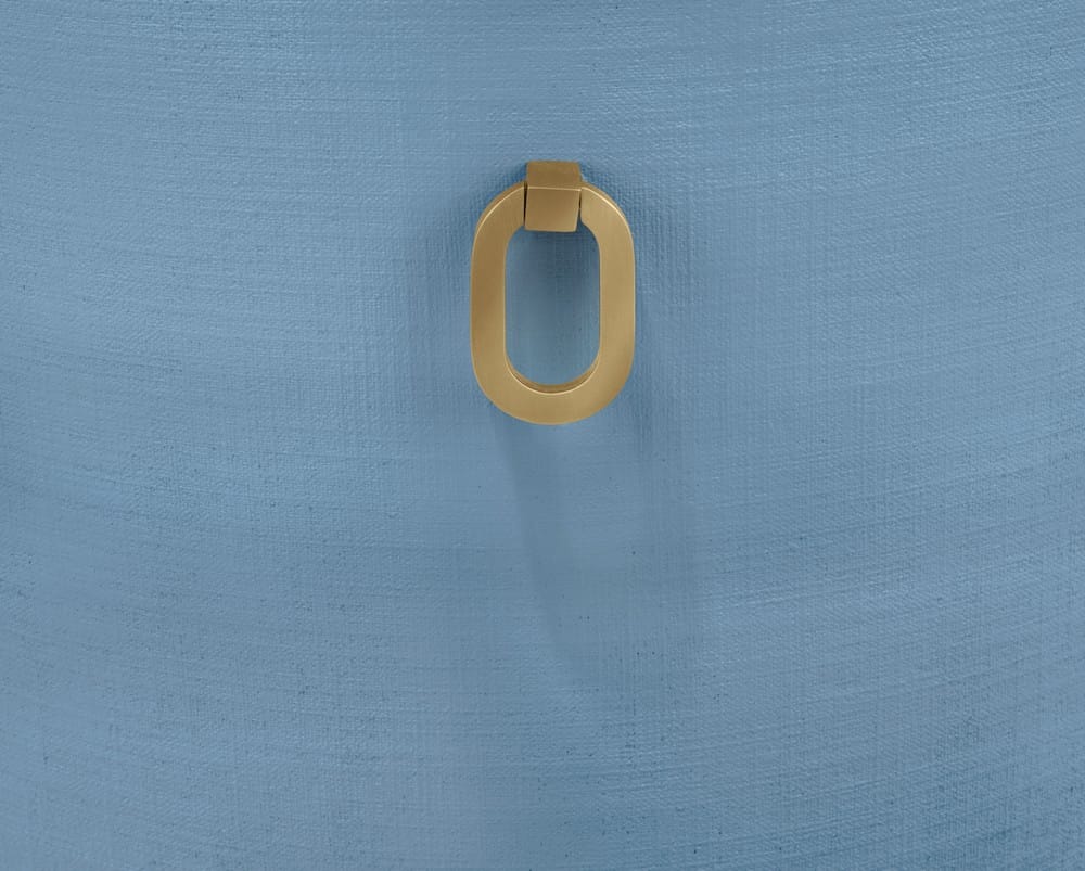 Worlds Away - Curved Dining Chair With Satin Brass Ring Hardware On Back In Performance White Linen Upholstery And Textured Light Blue Linen Frame - SADIE LB view 6
