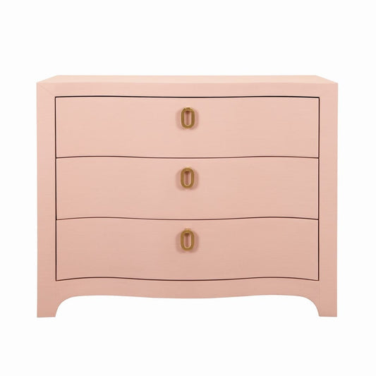 Worlds Away - Curved Front Chest With Three Drawers In Textured Pink Linen With Satin Brass Ring Hardware - CORA PI view 2