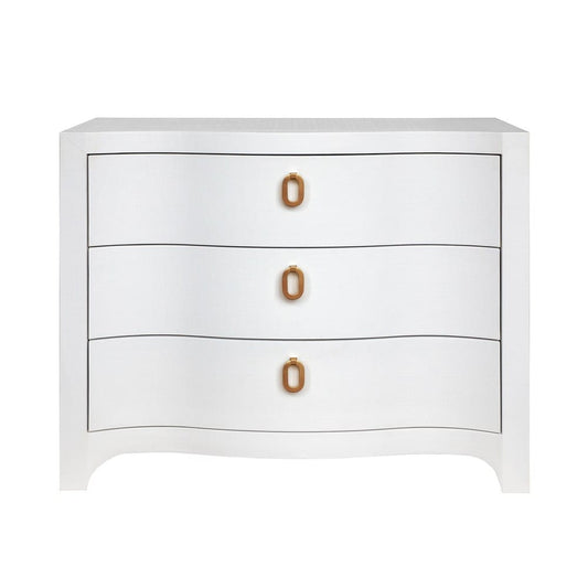Worlds Away - Curved Front Chest With Three Drawers In White Textured Linen With Satin Brass Ring Hardware - CORA WH view 2