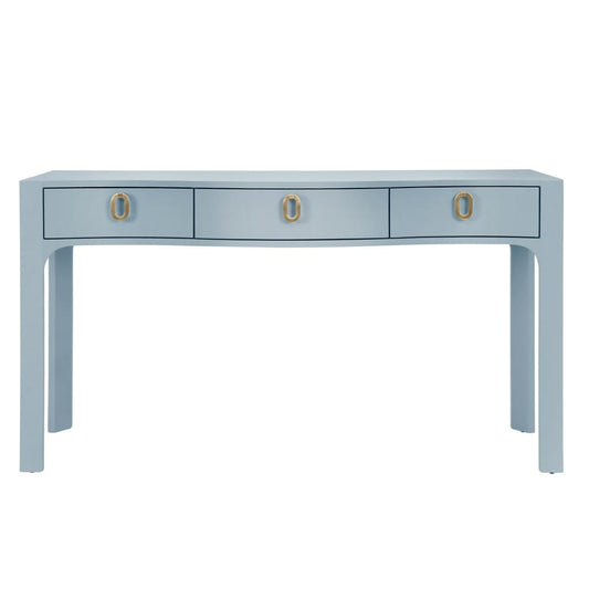 Worlds Away - Curved Front Console With Three Drawers In Textured Light Blue Linen With Satin Brass Ring Hardware. - SABRINA LB view 2