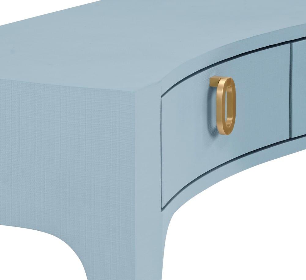 Worlds Away - Curved Front Console With Three Drawers In Textured Light Blue Linen With Satin Brass Ring Hardware. - SABRINA LB view 6