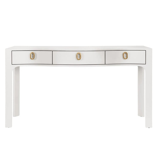 Worlds Away - Curved Front Console With Three Drawers In Textured White Linen With Satin Brass Ring Hardware - SABRINA WH view 2