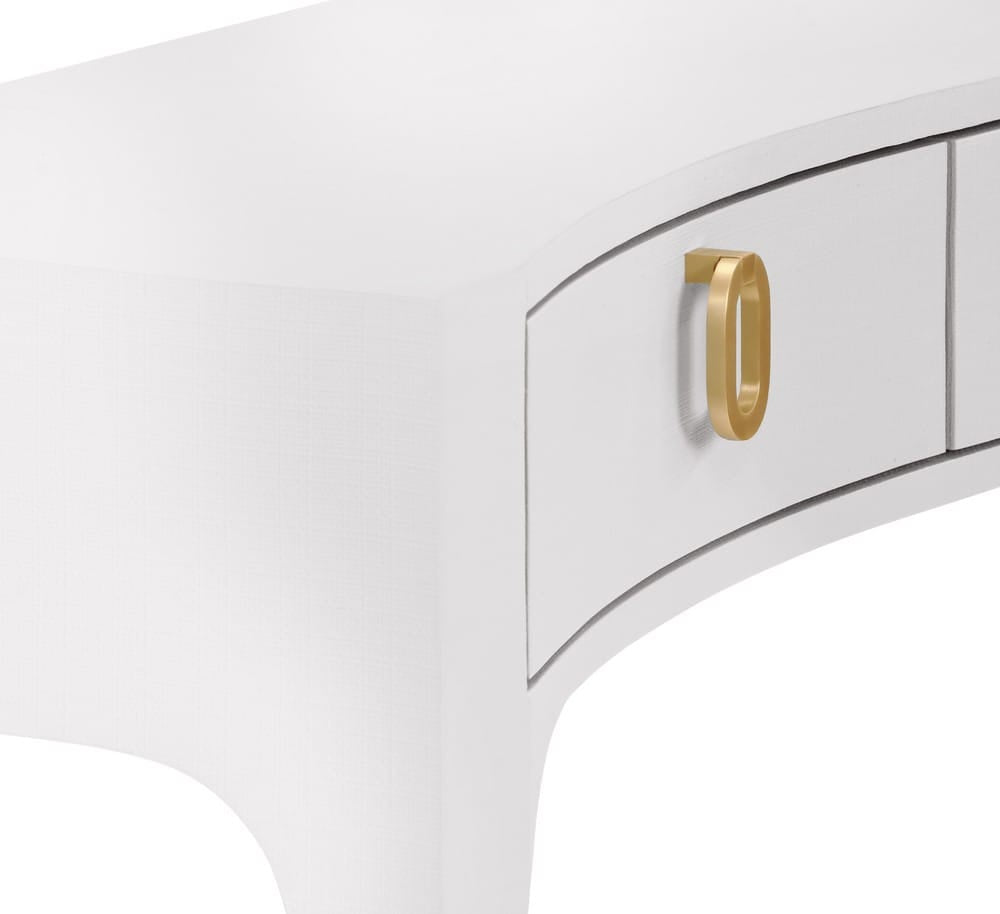 Worlds Away - Curved Front Console With Three Drawers In Textured White Linen With Satin Brass Ring Hardware - SABRINA WH view 6