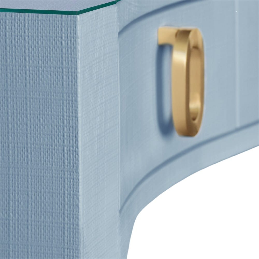 Worlds Away - Curved Front Desk With Three Drawers In Light Blue Textured Linen With Satin Brass Ring Hardware And Glass Top - GLADYS LB view 5