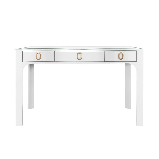 Worlds Away - Curved Front Desk With Three Drawers In White Textured Linen With Satin Brass Ring Hardware And Glass Top - GLADYS WH view 2