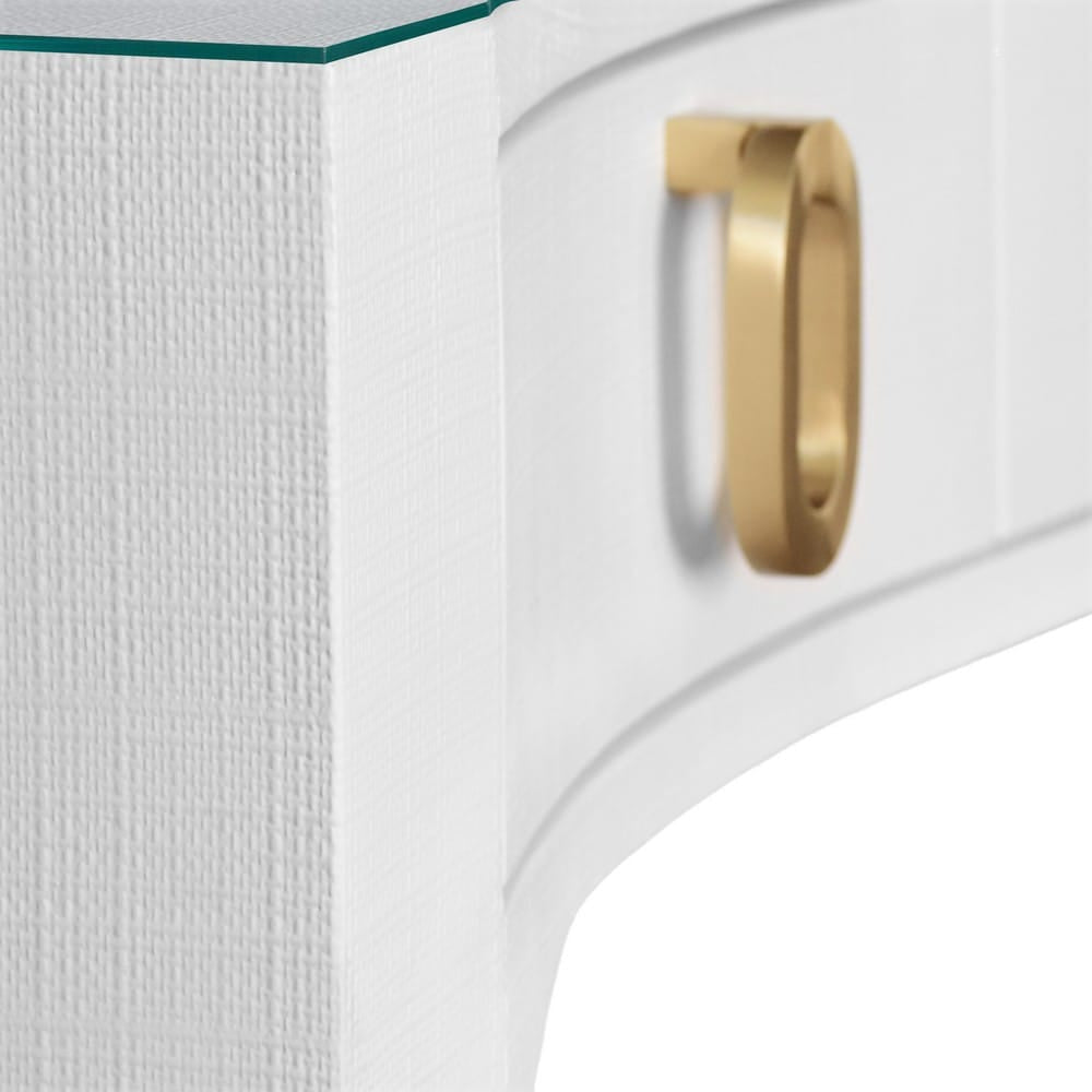 Worlds Away - Curved Front Desk With Three Drawers In White Textured Linen With Satin Brass Ring Hardware And Glass Top - GLADYS WH view 5