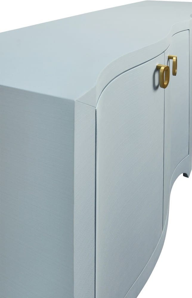 Worlds Away - Curved Front Four Door Buffet In Textured Light Blue Linen With Satin Brass Ring Hardware - MIFFY LB view 4