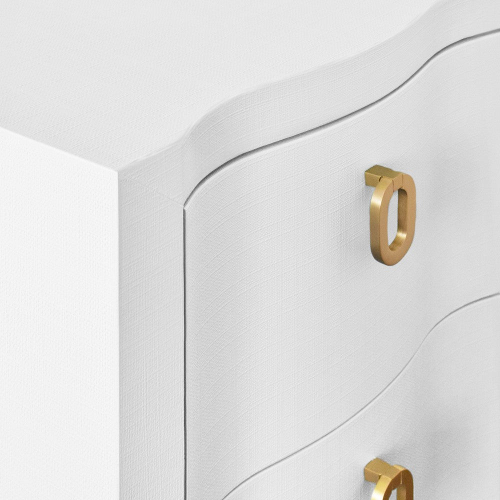 Worlds Away - Curved Front Side Table With Two Drawers In White Textured Linen With Satin Brass Ring Hardware - HELENA WH view 6