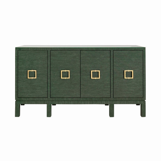 Worlds Away - Four Door Buffet With Large Brass Square Hardware In Green Dyed Grasscloth - EFFIE GR view 2