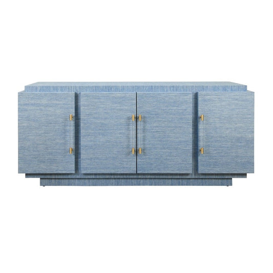 Worlds Away - Four Door Wrap Around Modern Buffet With Brass Fluted Handles In Dyed Blue Grasscloth - STEELE BL view 2