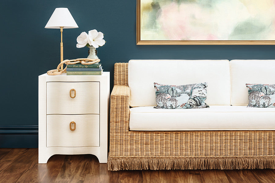 Worlds Away - Lawson Style Sofa In Natural Rattan With Fringe Skirt And Ivory Linen Cushions - TENNY WH view 6