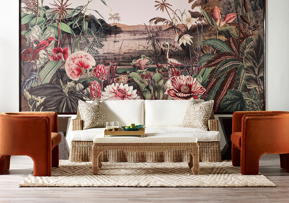 Worlds Away - Lawson Style Sofa In Natural Rattan With Scalloped Skirt And Ivory Linen Cushions - DAPHNE WH view 8