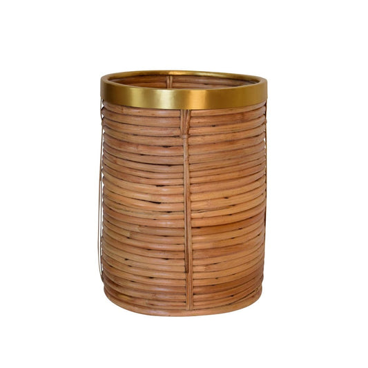 Worlds Away - Natural Rattan Waste Basket With Brass Rim Detail - BRIM view 2
