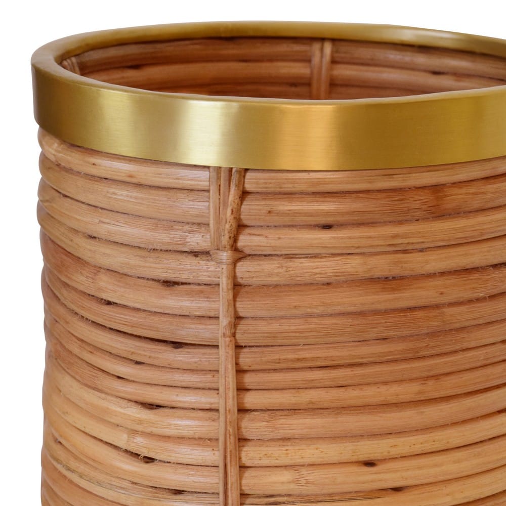 Worlds Away - Natural Rattan Waste Basket With Brass Rim Detail - BRIM view 3