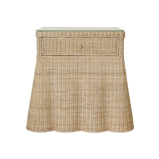 Worlds Away - One Drawer Rectangular Side Table With Flared Scalloped Base In Rattan With Glass Top - GISELLE view 2