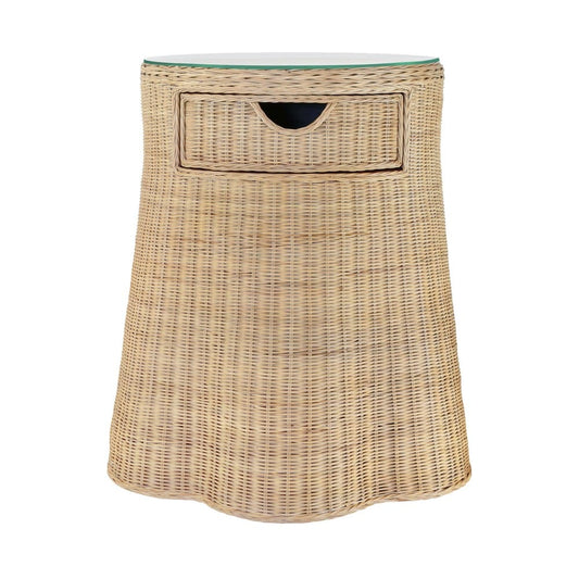 Worlds Away - One Drawer Round Side Table With Flared Scalloped Base In Rattan With Glass Top - INGRID view 2