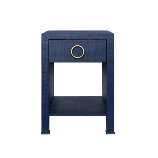 Worlds Away - One Drawer Side Table With Antique Brass Circle Hardware In Textured Navy Linen - MALCOLM NVY view 2