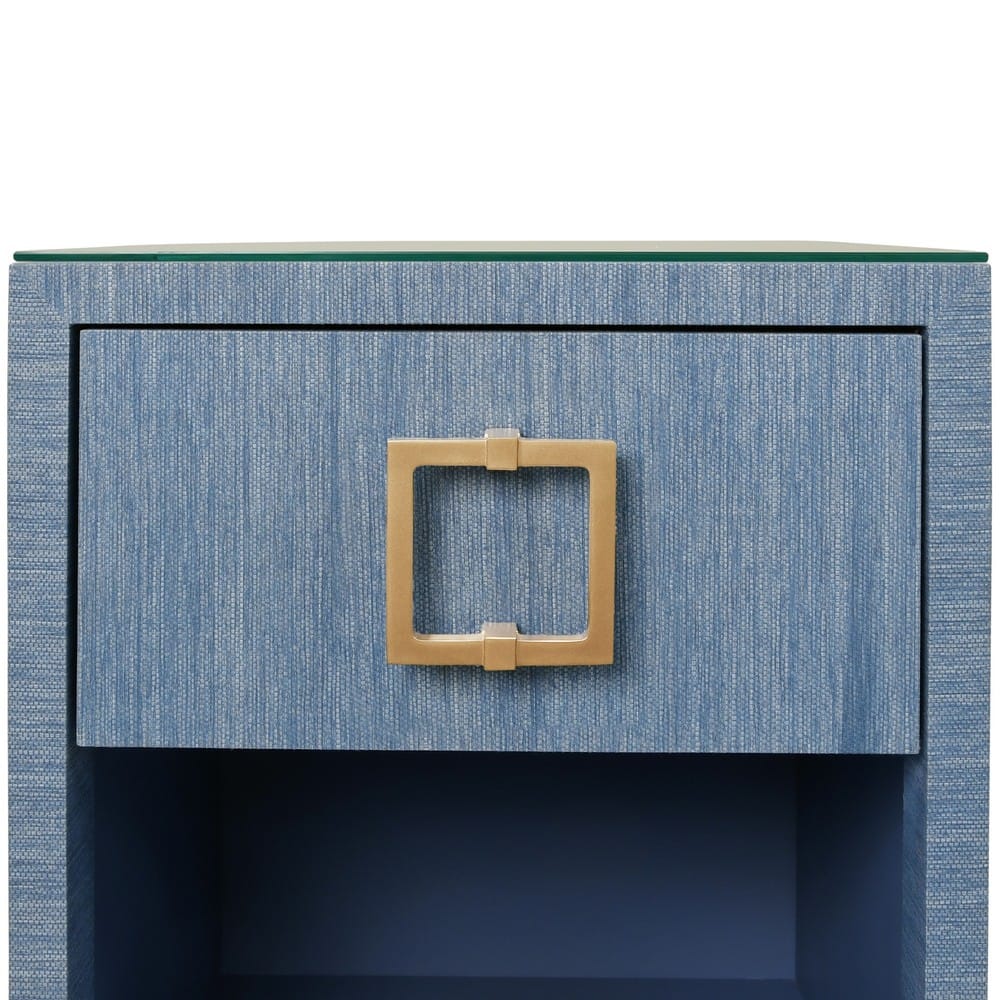 Worlds Away - One Drawer Side Table With Large Brass Square Hardware In Blue Dyed Grasscloth With Glass Top - BLAIR BL view 6